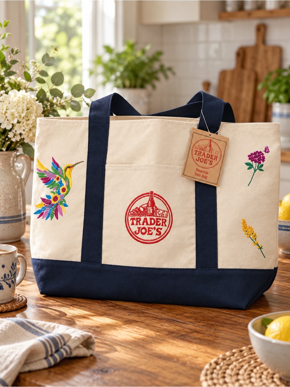 ❤️Embroidered Trader Joe’s Canvas Tote | Boho Reusable Market Bag | Gift Idea